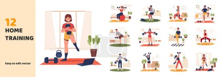Illustration for Flat style home fitness element set. Scenes of people training with dumbbells at home or taking online fitness courses. - Royalty Free Image