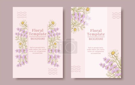 Illustration for Sweet botanical brochure template set with lavenders and daisies. - Royalty Free Image