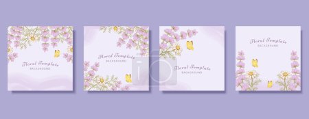 Ilustración de Plantilla de folleto botánico púrpura con lavanda, margaritas y mariposas. - Imagen libre de derechos