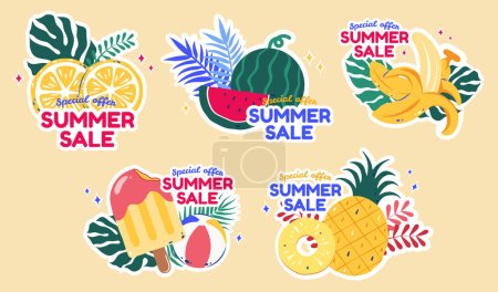 Illustration for Fruity hand drawn style summer promotion element set isolated on light beige background. - Royalty Free Image