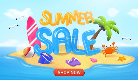Illustration for Summer sale balloon text on beach island with palm tree, sea creatures, surfboard, beach ball, sandals and bucket. Shop now button below. Suitable for online promotion ad. - Royalty Free Image