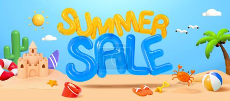 Illustration for 3D cartoon style summer promotion poster. Summer sale balloon text floating on the beach with sand castle, cactus, palm tree, crab, swimming ring, starfish, and water activity equipment. - Royalty Free Image