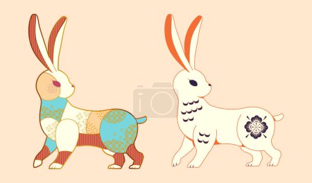 Illustration for Elegant rabbits with oriental patterns isolated on beige background. Suitable for Mid Autumn Festival, or rabbit zodiac animal sign. - Royalty Free Image