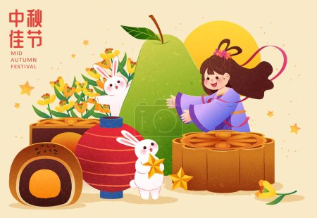 Lindos conejitos y Chang 'e rodeados de gigantescos pasteles de luna, linterna, pomelo y flores de osmanthus sobre fondo beige. Traducción: Festival del Medio Otoño.