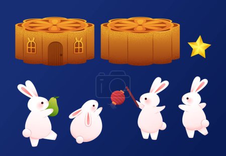 Ilustración de Conejos y mooncakes elemento conjunto aislado sobre fondo azul oscuro. Incluyendo conejos lindos, estrella, pastel de luna y casa de pastel de luna. - Imagen libre de derechos