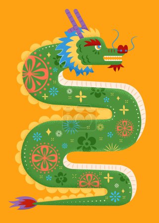 Ilustración de Ilustrado majestuoso dragón verde con patrón floral aislado sobre fondo naranja. - Imagen libre de derechos