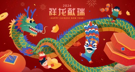 Niños con decoraciones chinas de año nuevo alrededor de un dragón volador sobre fondo rojo con fuegos artificiales. Texto: Dragón trae la prosperidad.