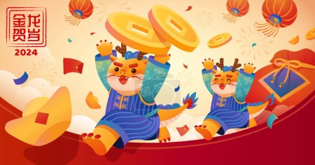 CNY illustration. Dragons in traditional costume running with their hands up. Light beige background with confetti, fireworks and gold flying around. Text: Golden dragon celebrates new year.
