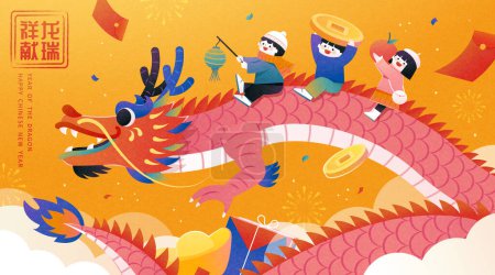 Téléchargez les photos : CNY Année du dragon carte de vœux. Enfants chevauchant un dragon volant au-dessus des nuages sur fond jaune avec des feux d'artifice et des confettis. Texte : Dragon apporte la prospérité. - en image libre de droit