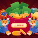 CNY holiday promotion pop up ad template. Dragons running in front of giant red envelope with money, fortune bag, firecracker, orange, sycee, and gift box. Text: Get now.