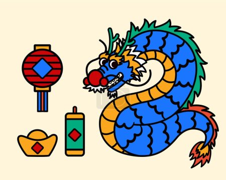 Illustration for Line filled style CNY dragon set isolated on pale yellow background. Including lantern, firecracker, gold ingot and dragon. - Royalty Free Image