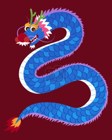Téléchargez les illustrations : Blue mystérieux élément dragon chinois isolé sur fond bordeaux. - en licence libre de droit