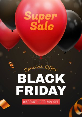 Illustration for 3D Black Friday sale poster with red and black balloons floating on dark background. - Royalty Free Image