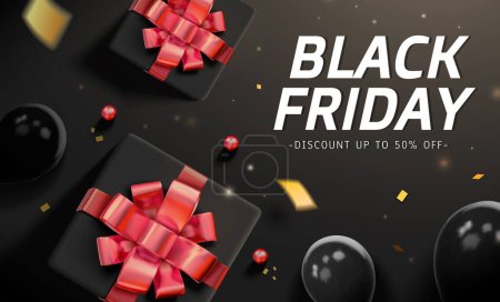 Illustration for 3D Black Friday sale template. Top view of gifts on dark background with confetti and balloons. - Royalty Free Image