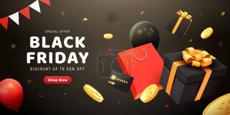 Illustration for 3D Black Friday sale banner with balloons, shopping bag, gifts and coins floating on dark background. - Royalty Free Image