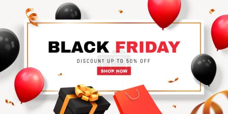 Illustration for 3D Black Friday sale banner surrounded by balloons, shopping bag, gifts on white background. - Royalty Free Image