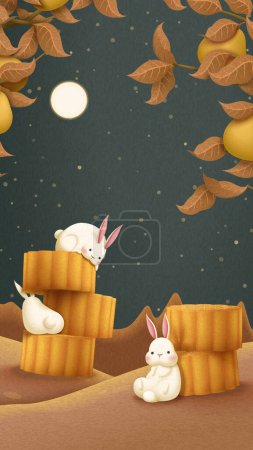 Ilustración de Lindos conejos alrededor de montones de tartas de luna en paisaje de otoño naranja con fondo de cielo nocturno de luna llena. - Imagen libre de derechos