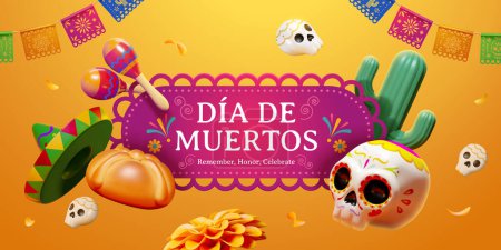 Illustration for 3D sugar skulls, marigold, sombrero, cactus and maracas on yellow background with papel picado. - Royalty Free Image