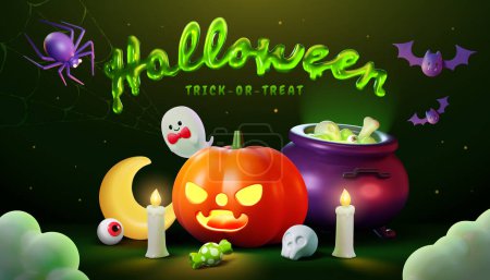 Téléchargez les illustrations : Citrouille d'Halloween 3D entourée de décorations effrayantes sur fond vert avec un titre visqueux. - en licence libre de droit
