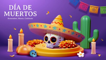Illustration for 3D podium decorated with sugar skull in sombrero and day of the dead elements on purple background. - Royalty Free Image