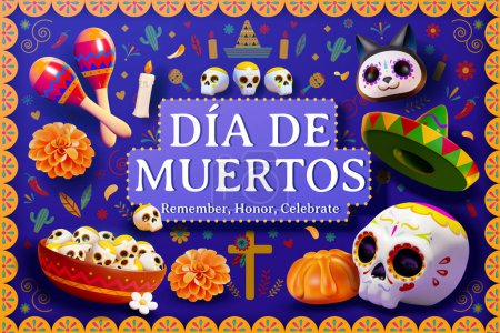 Illustration for Festive holiday card. 3D Day of the dead elements on blue background with doodles and floral frame. - Royalty Free Image