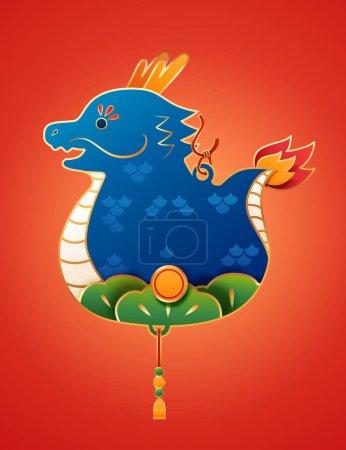Illustration for Lunar holiday adorable blue dragon charm decoration isolated on red gradient background. - Royalty Free Image