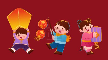 Illustration for Cute hand drawn style children playing with lanterns isolated on burgundy background. - Royalty Free Image