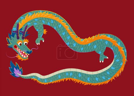 Illustration for Hand drawn style lunar holiday dragon isolated on burgundy background. - Royalty Free Image
