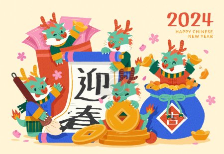 CNY Dragons mit roter Tasche, Couplet, Gold und Glückstasche auf cremefarbenem Hintergrund. Übersetzung: Willkommener Frühling. Glück.