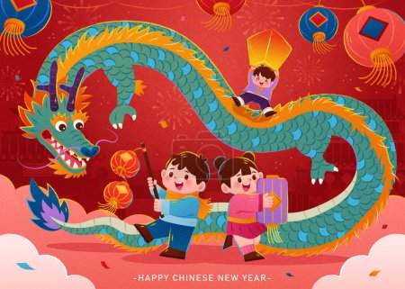 Dragon et les enfants avec des lanternes célébrant CNY sur fond rouge avec feux d'artifice et confettis.