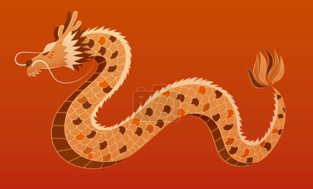 Ilustración de Majestuoso dragón aislado sobre fondo de degradado naranja y rojo. - Imagen libre de derechos
