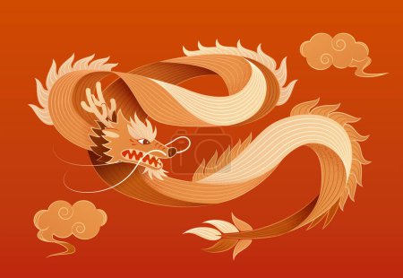 Aesthetic dragon and cloud isolated on orange and red gradient background.