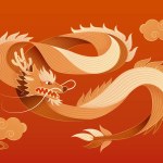 Aesthetic dragon and cloud isolated on orange and red gradient background.