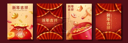 Illustration for 3D festive CNY posters with paper fan, gold, confetti and red envelopes. Text: Fortune. Auspicious New Year. - Royalty Free Image