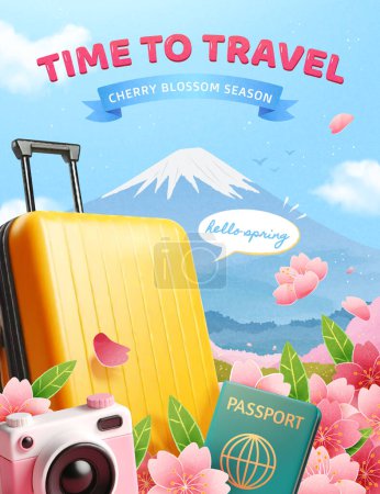 Ilustración de Cartel de viaje de temporada de flores de cerezo 3D con maleta, cámara y pasaporte en un montón de flores. - Imagen libre de derechos