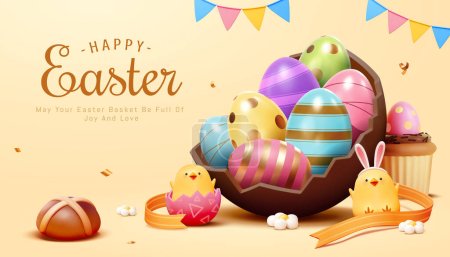 Illustration for 3D Easter eggs in a chocolate shell, surrounded by chicks, and cupcake on beige background. - Royalty Free Image