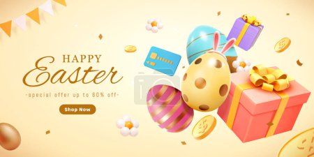 Bannière 3D de vente de vacances de Pâques avec ?ufs peints, pièces de monnaie, cadeaux et fleurs sur fond beige clair.