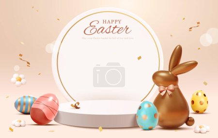 Ilustración de 3D podio pantalla blanca rodeada de huevos de Pascua y conejito de chocolate sobre fondo rosa pálido. - Imagen libre de derechos