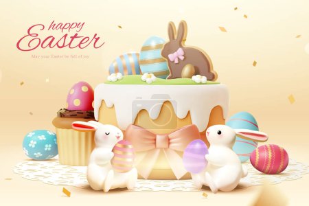 Ilustración de Pasteles de Pascua 3D, huevos pintados y adorables conejitos blancos sobre fondo beige claro. - Imagen libre de derechos