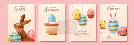 Ilustración de Plantilla de Pascua 3D con huevos pintados aislados sobre fondo rosa. - Imagen libre de derechos