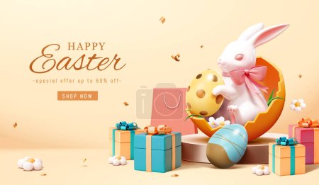 Ilustración de Banner de compras de Pascua 3D con conejo de porcelana en una concha en el podio rodeado de regalos. - Imagen libre de derechos