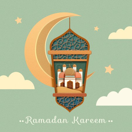 Téléchargez les illustrations : Lanterne ramadan de style art papier avec mosquée et design arabesque transmettant le croissant de lune dans le ciel. - en licence libre de droit