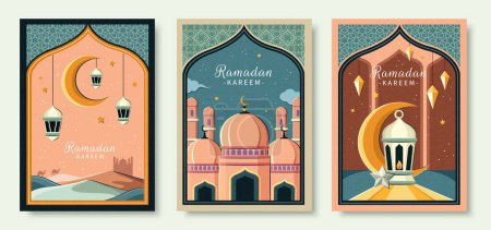 Illustration for Aesthetic Ramadan Kareem template set with festive design in arch frames. - Royalty Free Image