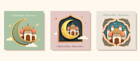 Ilustración de Plantilla de vacaciones islámica de arte de papel con patrón árabe, mezquita y luna creciente. - Imagen libre de derechos