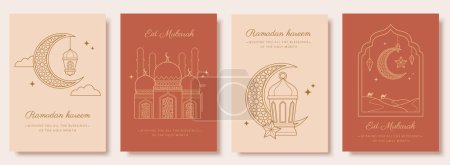 Ilustración de Línea de arte marrón y beige conjunto de plantillas de vacaciones islámicas aisladas sobre fondo blanco. - Imagen libre de derechos