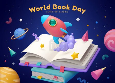 Téléchargez les illustrations : Affiche de la Journée mondiale du livre 3D. Lancement de fusée à partir de livres sur fond cosmos. - en licence libre de droit