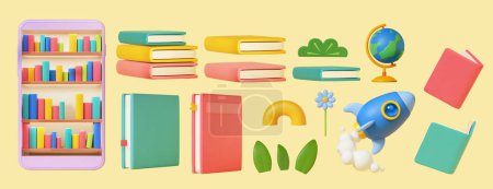 Illustration for 3D colorful books, rocket, plants, and globe isolated on light yellow background. - Royalty Free Image