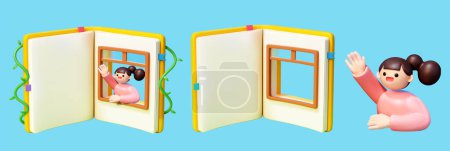 Téléchargez les illustrations : Éléments 3D de fille et livre avec fenêtre isolé fond bleu clair. - en licence libre de droit