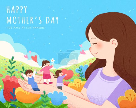 Téléchargez les illustrations : Carte de vœux de la fête des mères. Maman a des enfants miniatures dans sa paume dans un beau jardin. - en licence libre de droit