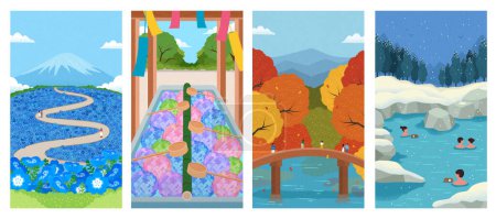 Téléchargez les illustrations : Bel ensemble de papier peint paysage style dessiné à la main. Différentes saisons et paysages du Japon. - en licence libre de droit